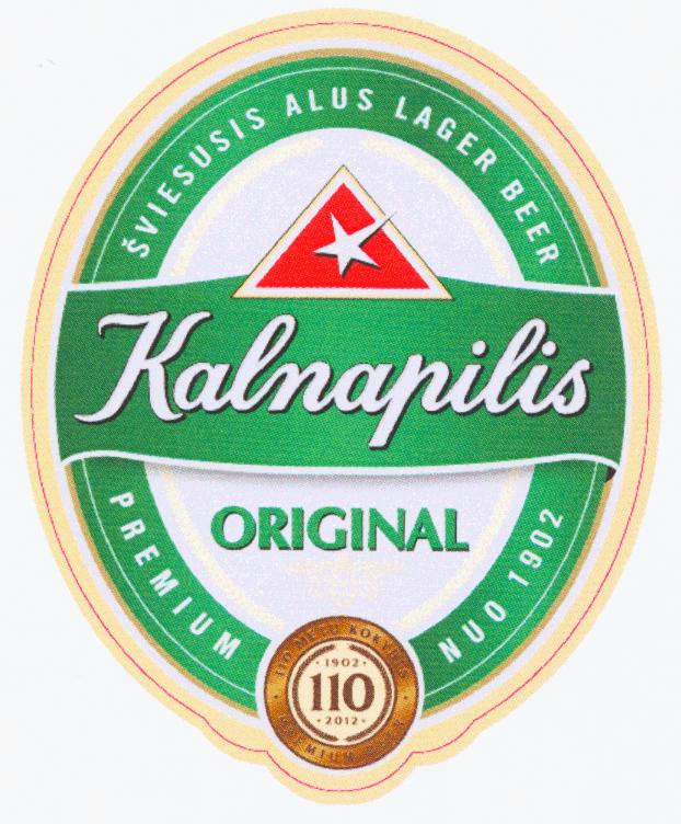 Prekės ženklas: Kalnapilis ORIGINAL ŠVIESUSIS ALUS LAGER BEER PREMIUM NUO 1902